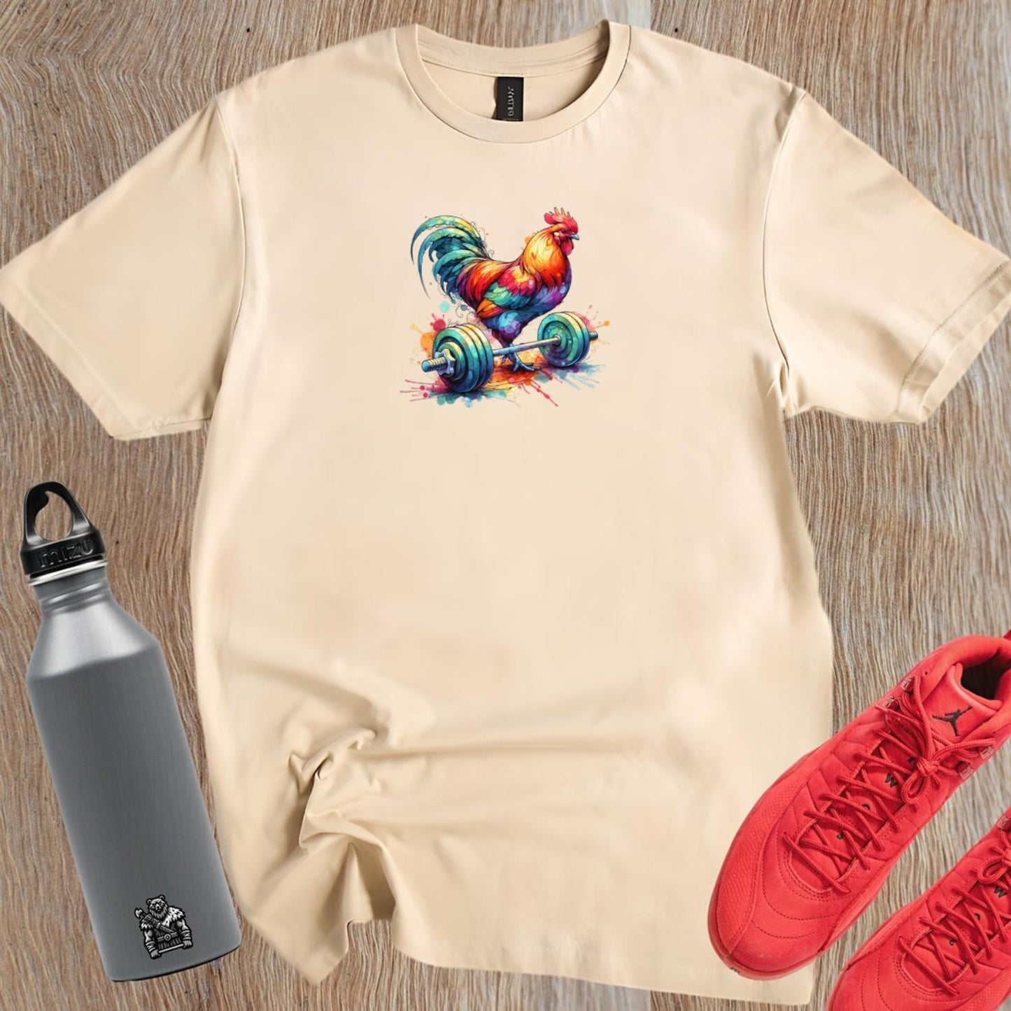 "Vibrant 'Rooster Gains' T-Shirt featuring a colorful rooster design, perfect gym wear for strength and motivation during workouts."
