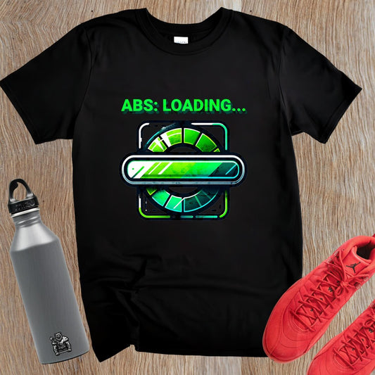 "Vibrant gym T-shirt featuring 'ABS: LOADING...' design, perfect for athletes and fitness enthusiasts, showcasing style and motivation."