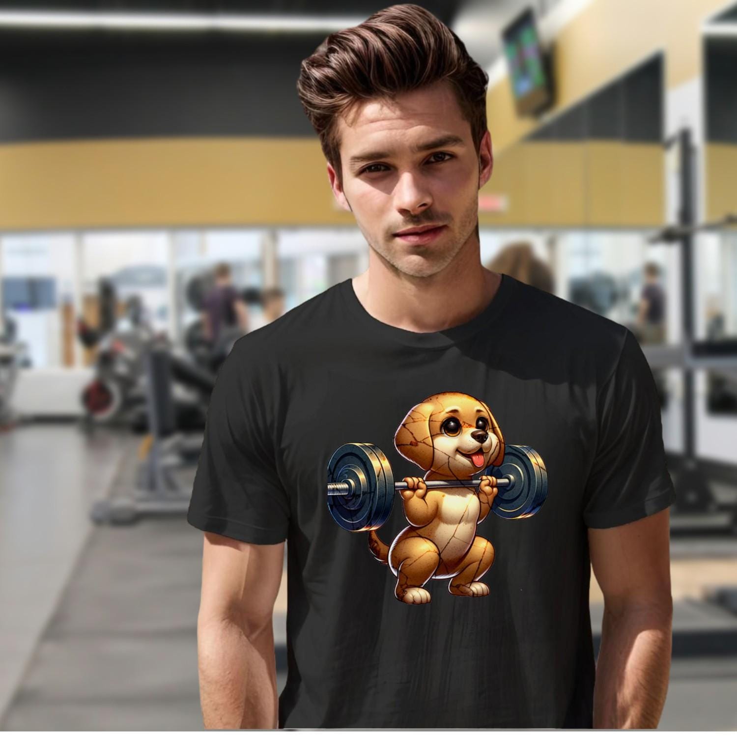 Vibrant gym T-shirt featuring an adorable lifting pup, combining motivation and fun. Perfect for workouts and casual outings.