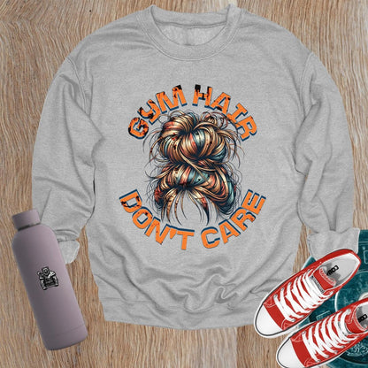 Alt text: "Bold 'Gym Hair Don't Care' sweatshirt design featuring a stylish crewneck, ideal for workouts or casual wear, celebrating gym culture."