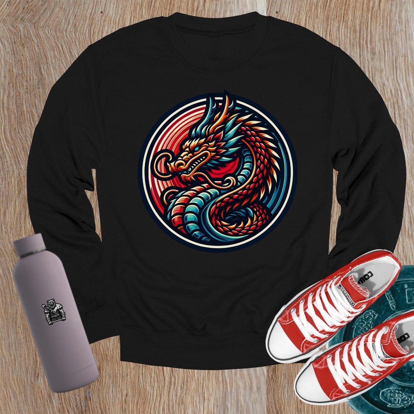 "Dynamic crewneck sweatshirt with vibrant dragon design, perfect for gym enthusiasts. Comfortable fit, showcasing strength and style."