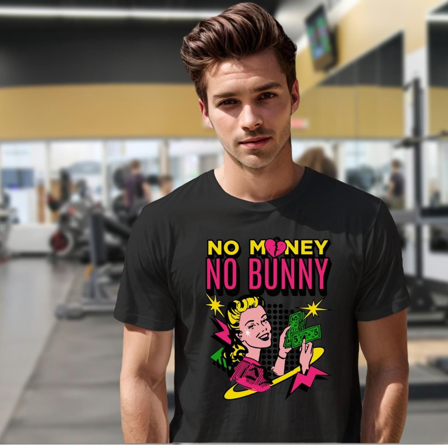 Alt text: "Vibrant gym T-shirt featuring bold 'No Money, No Bunny' design, perfect for workouts and inspiring confidence with unique style."