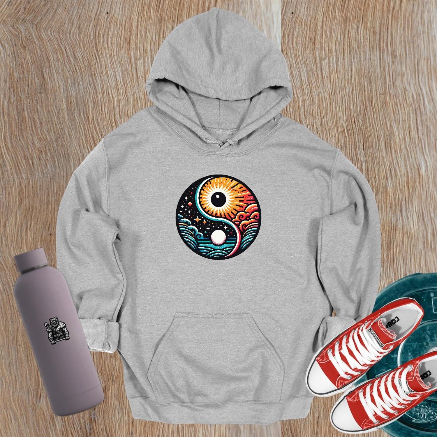 "Vibrant gym hoodie featuring a dynamic yin-yang design, symbolizing balance and harmony, perfect for active workouts and casual style."