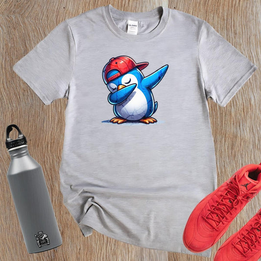 "Vibrant penguin-themed gym tee featuring a cartoon penguin in a snapback, perfect for fun workouts and casual outings."