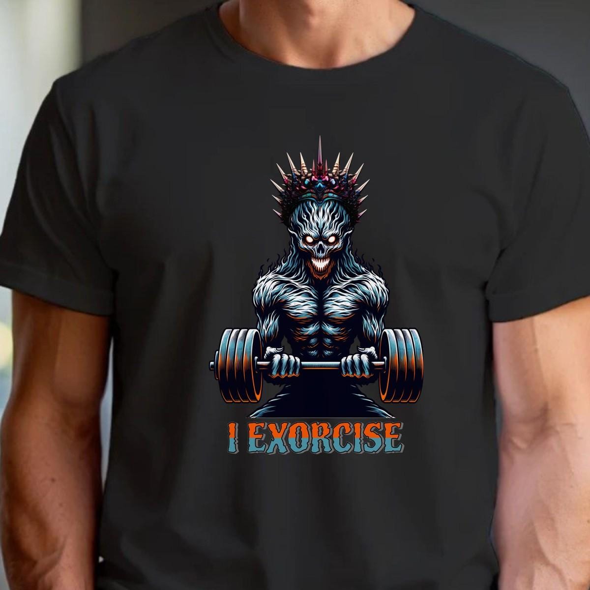 Alt text: "Bold 'I Exorcise' t-shirt featuring a fierce skeletal creature lifting weights, perfect for gym enthusiasts and fitness lovers."