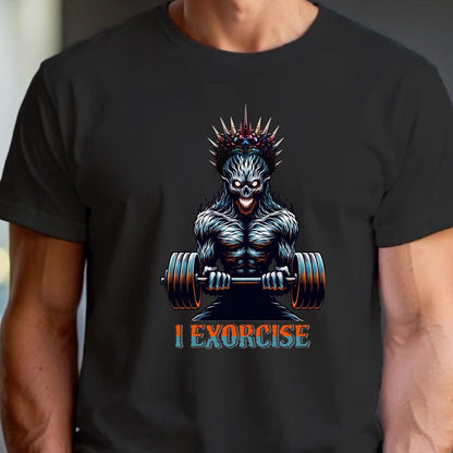 Alt text: "Bold 'I Exorcise' t-shirt featuring a fierce skeletal creature lifting weights, perfect for gym enthusiasts and fitness lovers."