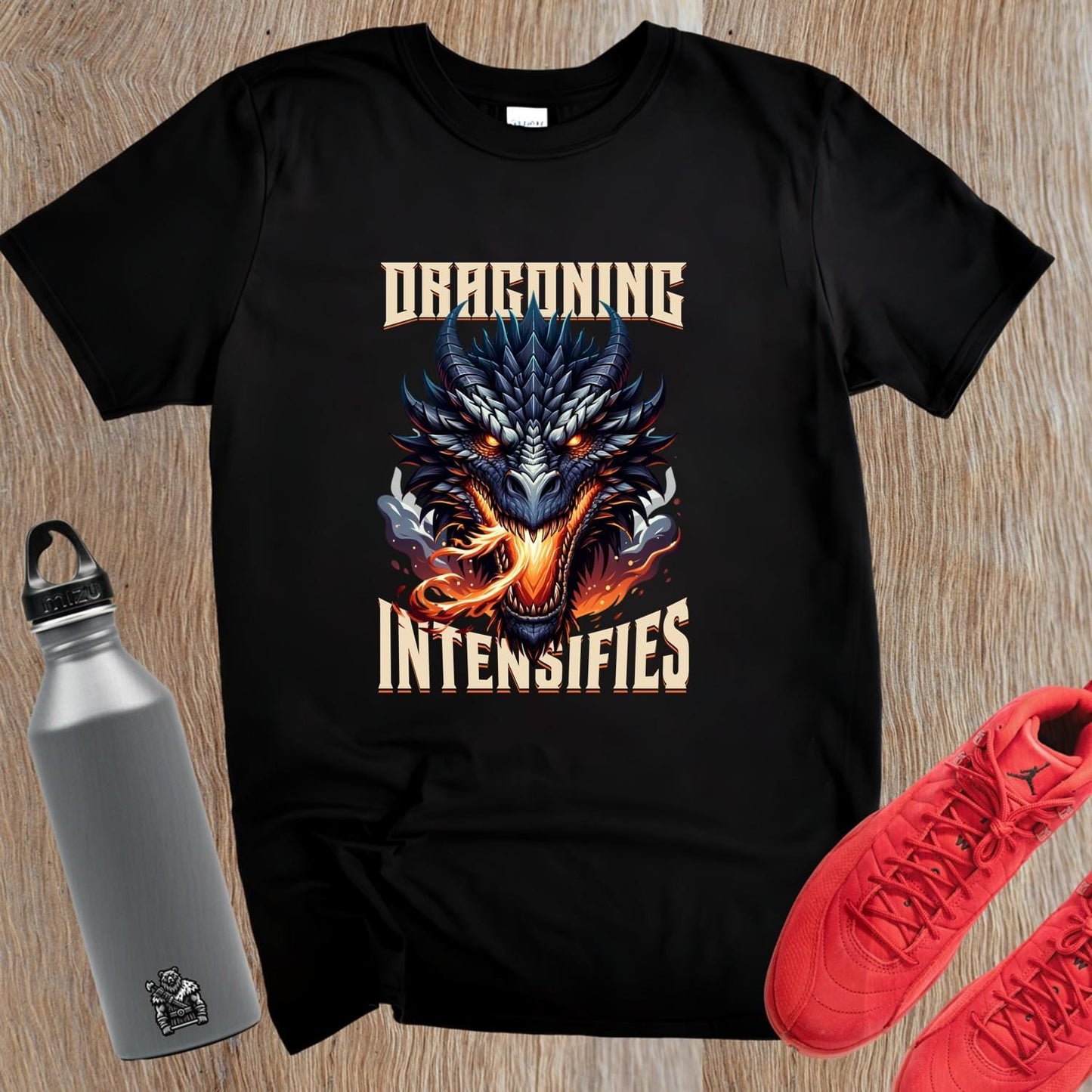 "Fierce graphic T-shirt featuring a fiery dragon design, ideal for gym workouts, showcasing strength, determination, and fitness passion."