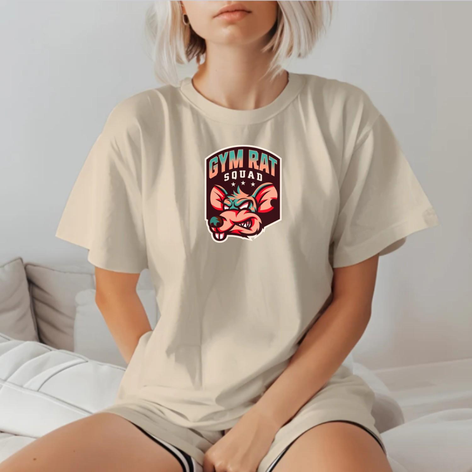 Alt text: "Bold Gym Rat Squad T-shirt featuring a fierce graphic design showcasing strength and determination, perfect for fitness enthusiasts."