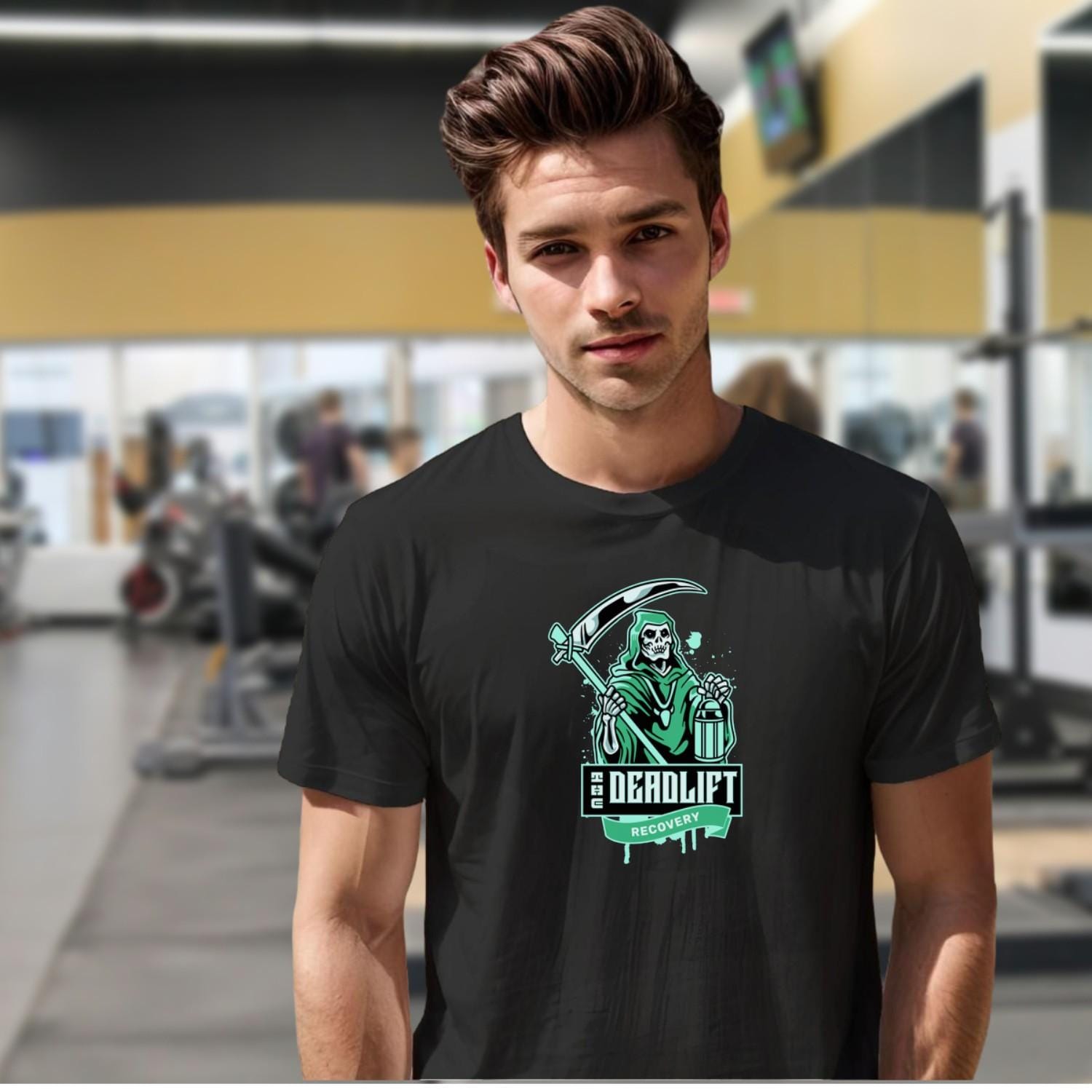 "Graphic gym t-shirt featuring bold 'Deadlift Recovery' design, perfect for fitness enthusiasts showcasing humor and strength."