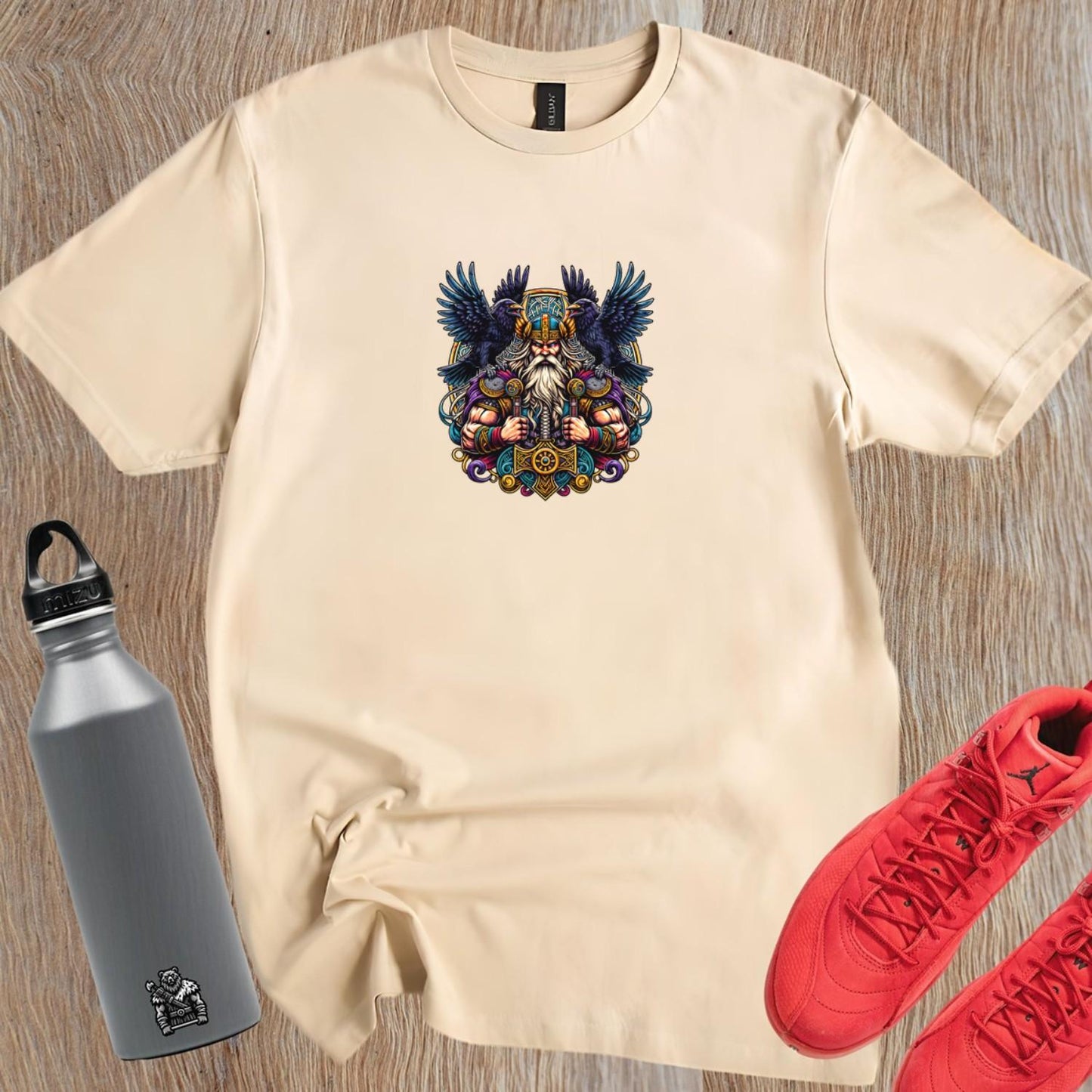 "Viking-inspired gym T-shirt featuring bold graphics that inspire strength and motivation, perfect for fitness enthusiasts."