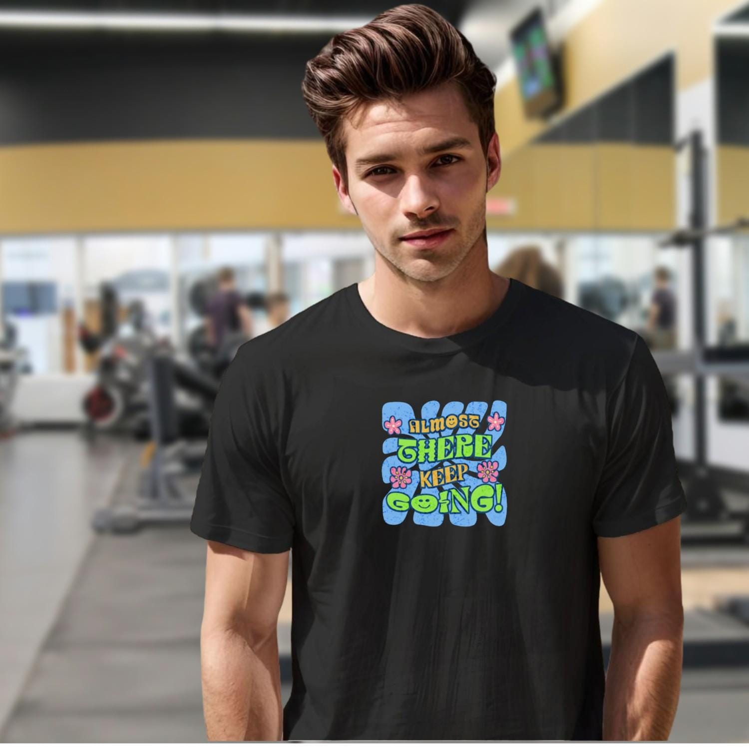"Vibrant 'Almost There, Keep Going!' graphic gym T-shirt, featuring motivational design for fitness enthusiasts to inspire perseverance."