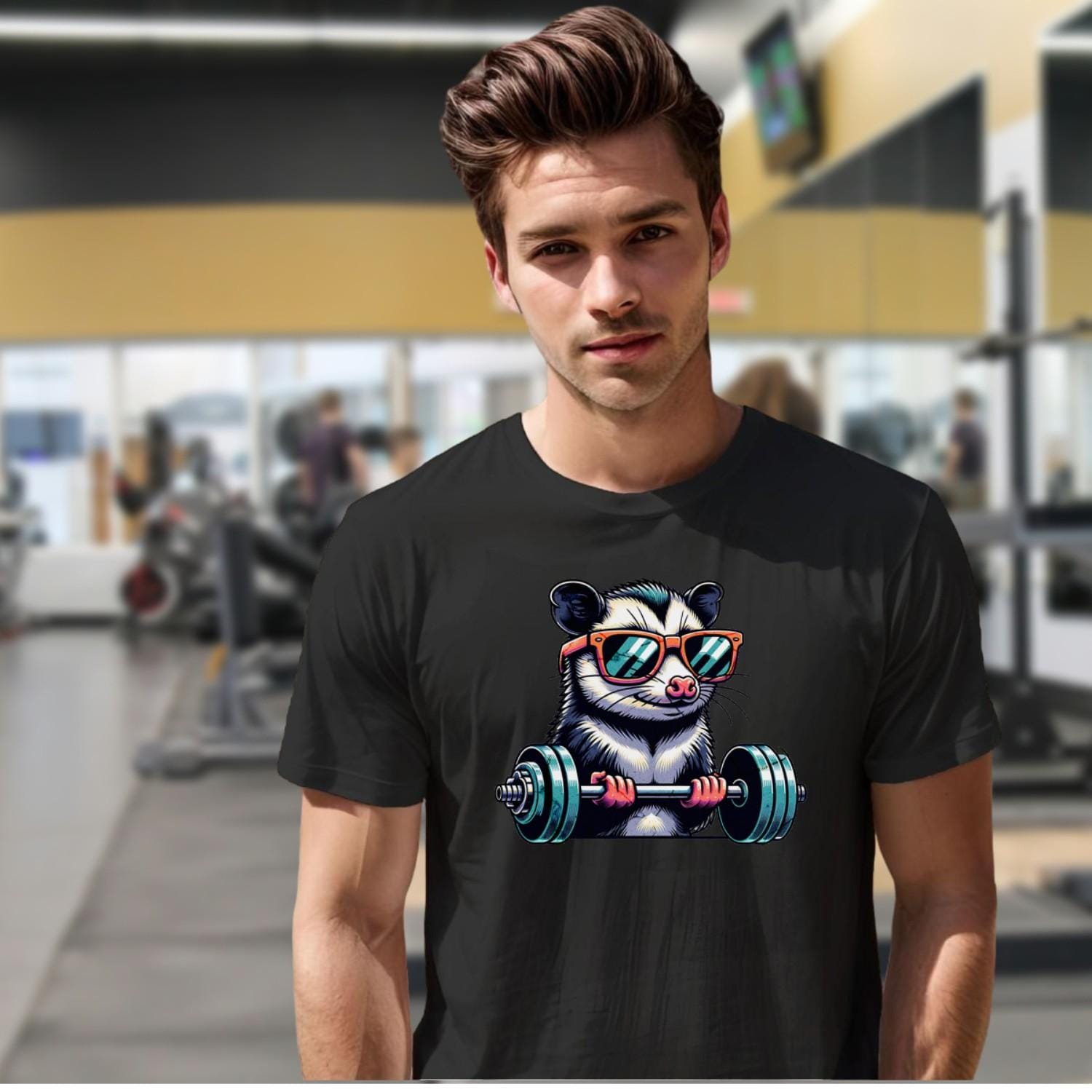 "Vibrant gym T-shirt featuring a playful fitness critter design, perfect for motivating athletes and adding style to workout attire."