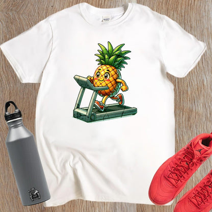 "Bright Pineapple Jogger T-Shirt featuring a cheerful pineapple exercising on a treadmill, promoting fun and motivation in fitness."