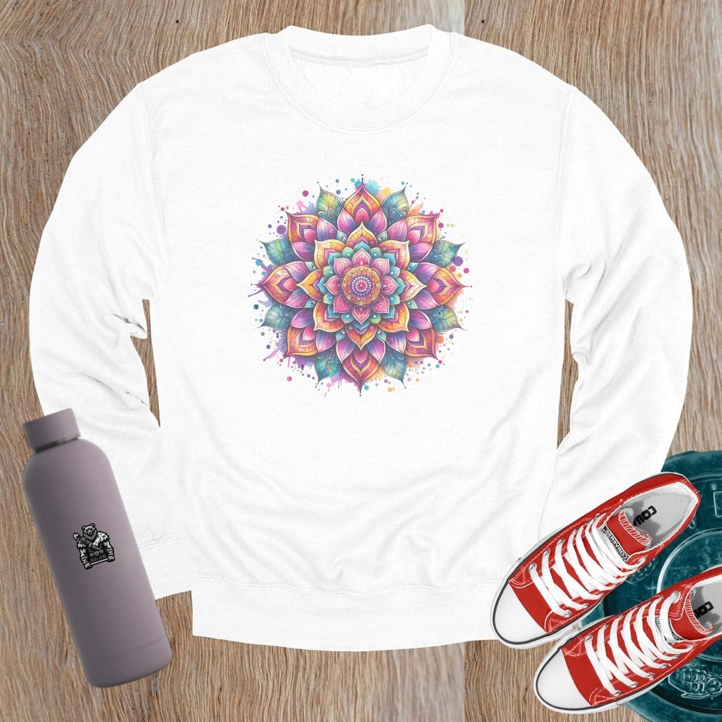"Vibrant gym sweatshirt featuring a stunning mandala design, perfect for workouts or casual wear, inspiring positivity and individuality."