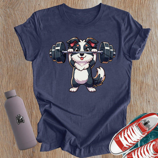 "Adorable Lift & Play T-Shirt featuring a cartoon dog lifting weights, perfect for fierce women who love fitness and gym workouts."