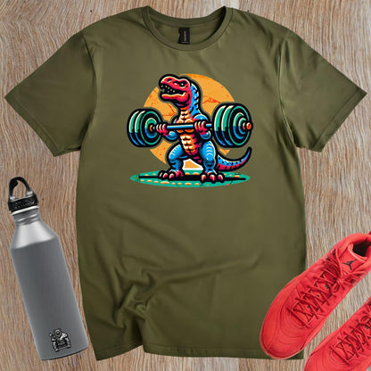 "Colorful gym T-shirt featuring a cartoon dinosaur lifting weights, perfect for fitness lovers seeking motivation and fun in workouts."