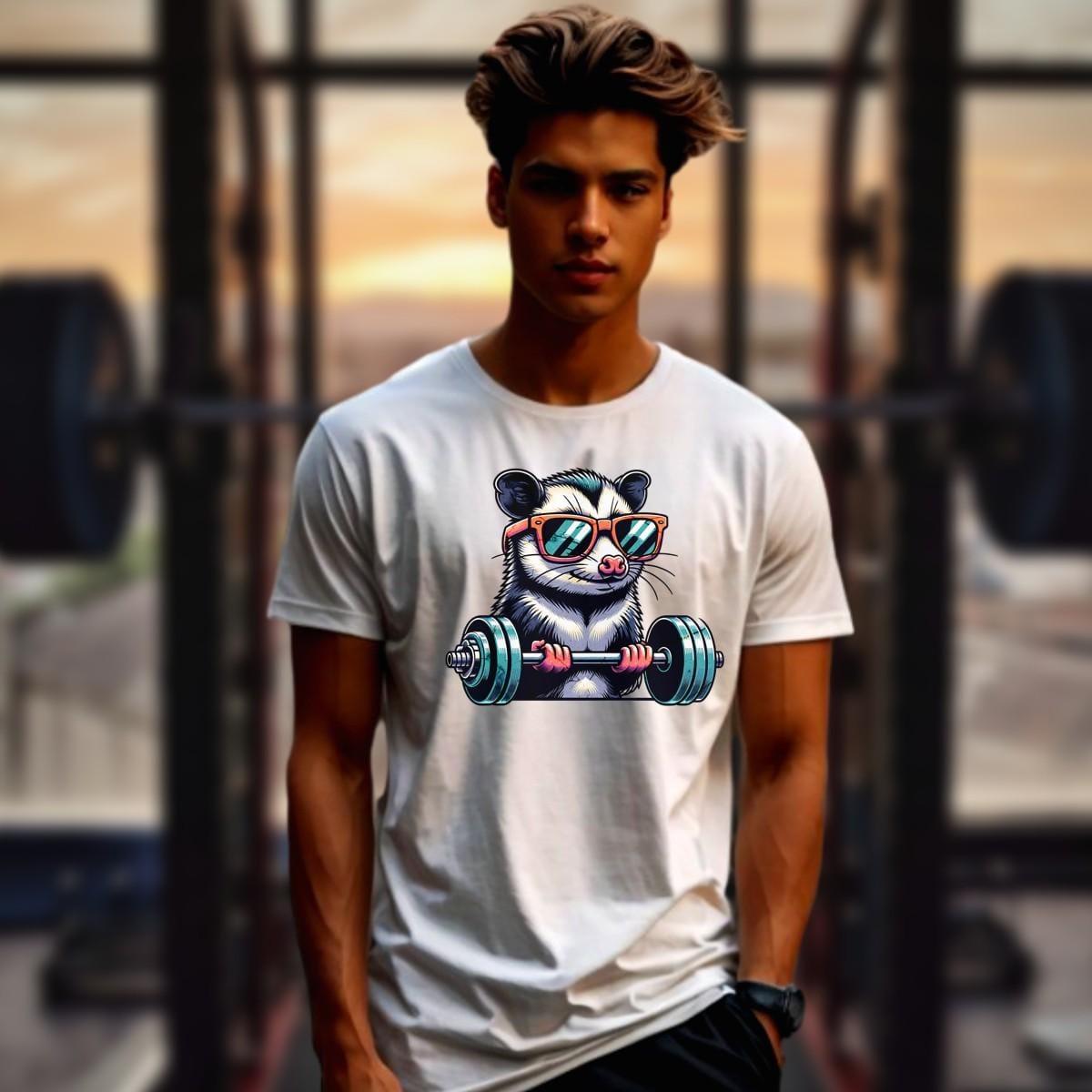 "Playful gym T-shirt featuring a cool possum lifting weights in stylish sunglasses, perfect for fitness enthusiasts and workout motivation."