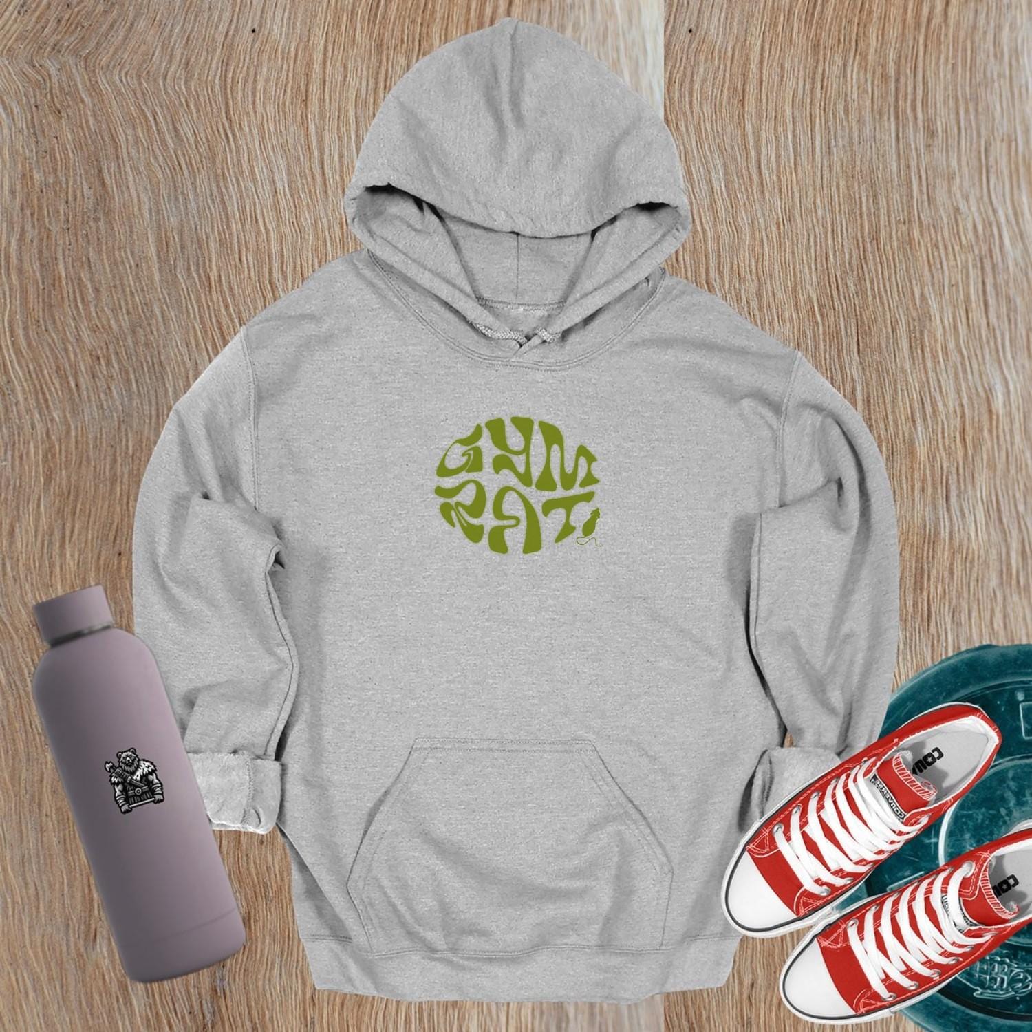"Bold 'Gym Rat' graphic hoodie for fitness enthusiasts, showcasing stylish design and relaxed fit for workouts and casual wear."