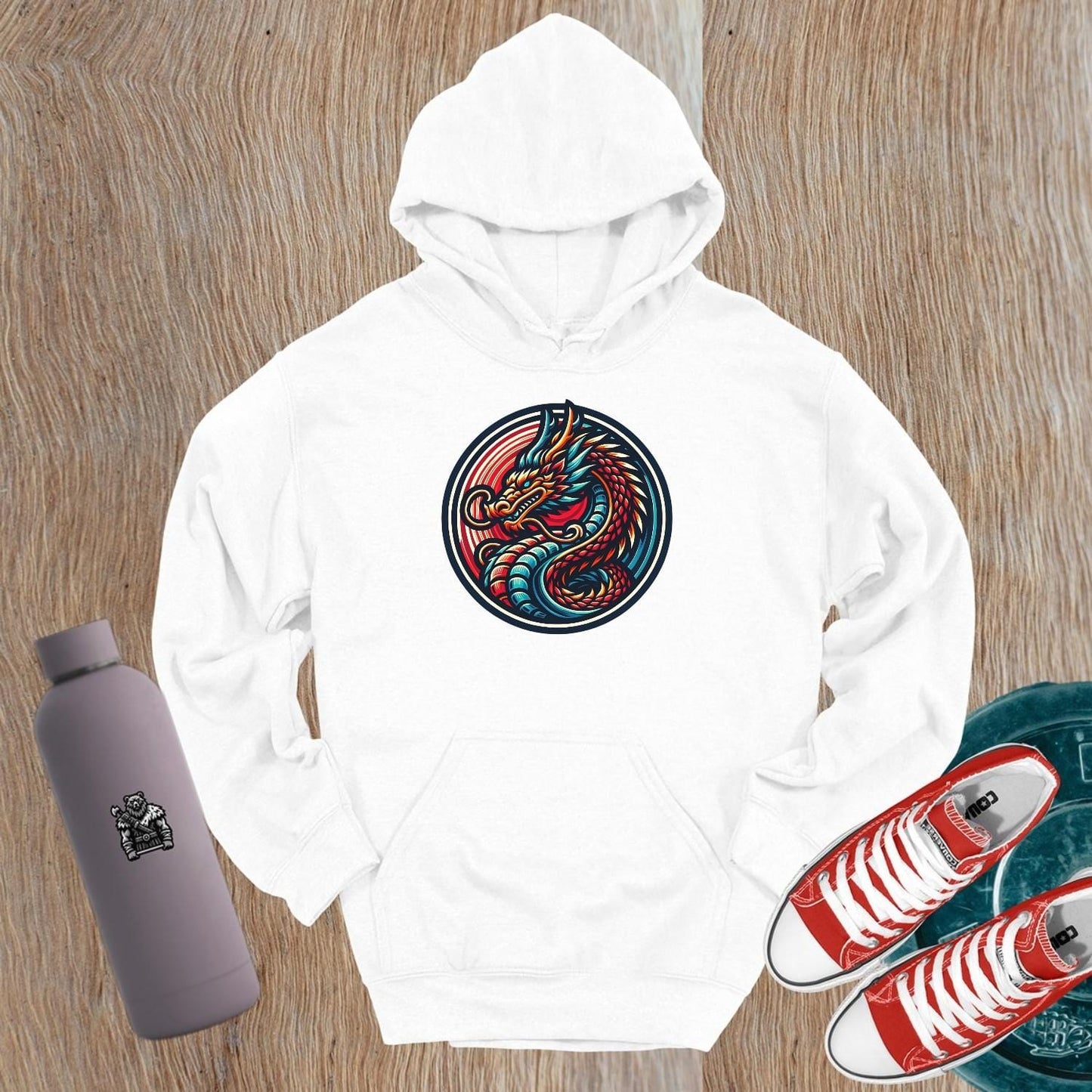 Alt text: "Vibrant Dragon Emblem Hoodie featuring a fierce dragon graphic, perfect for gym workouts or casual outings, showcasing strength and style."