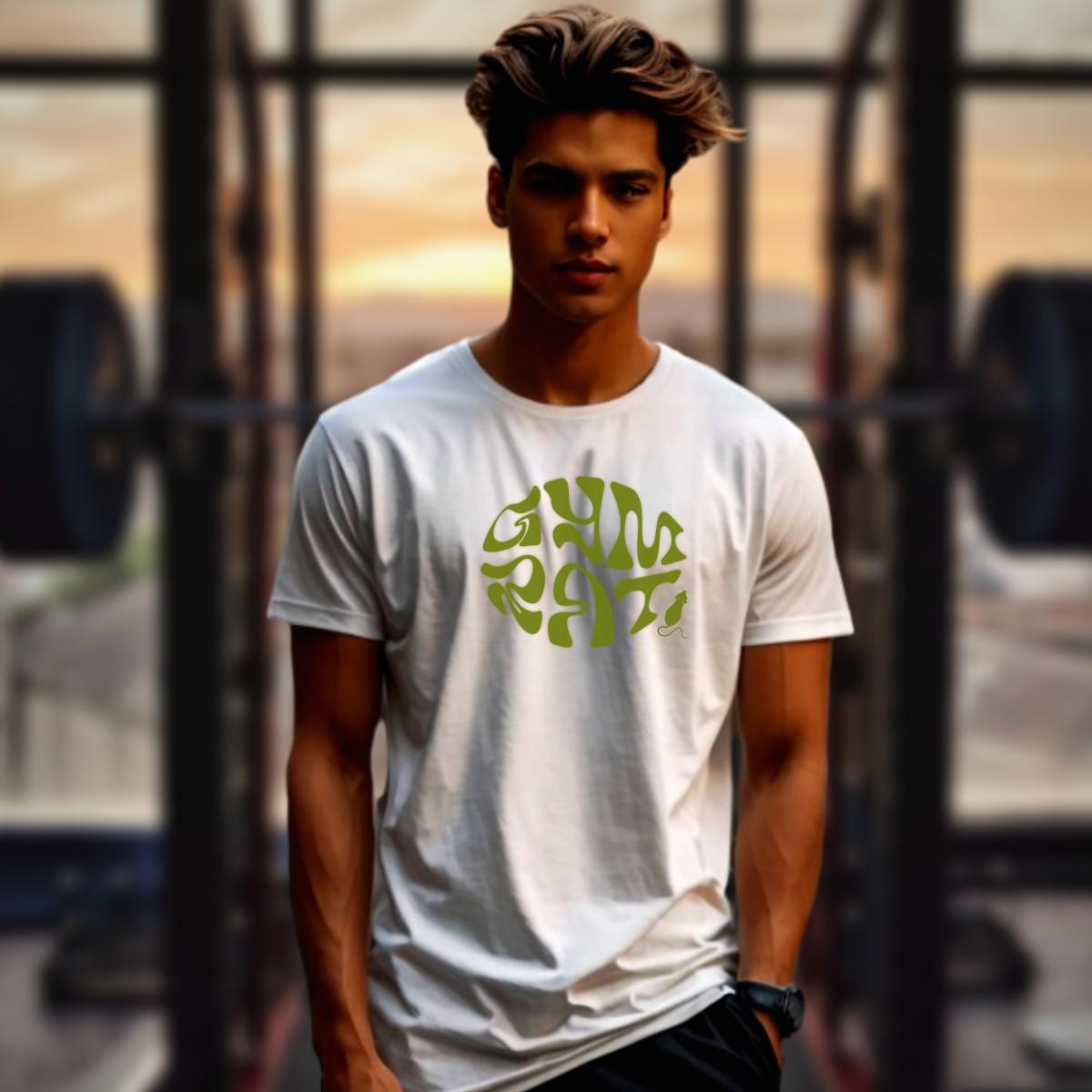 "Bold 'Gym Rat' T-shirt featuring a playful design celebrating fitness dedication. Ideal for workouts and casual outings. Embrace strength!"