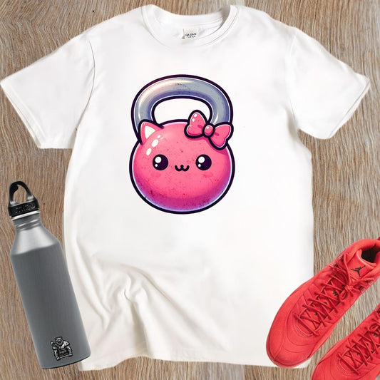 Alt text: "Kawaii Kettlebell T-shirt featuring a cute pink kettlebell with a bow, perfect for gym workouts and stylish casual wear."