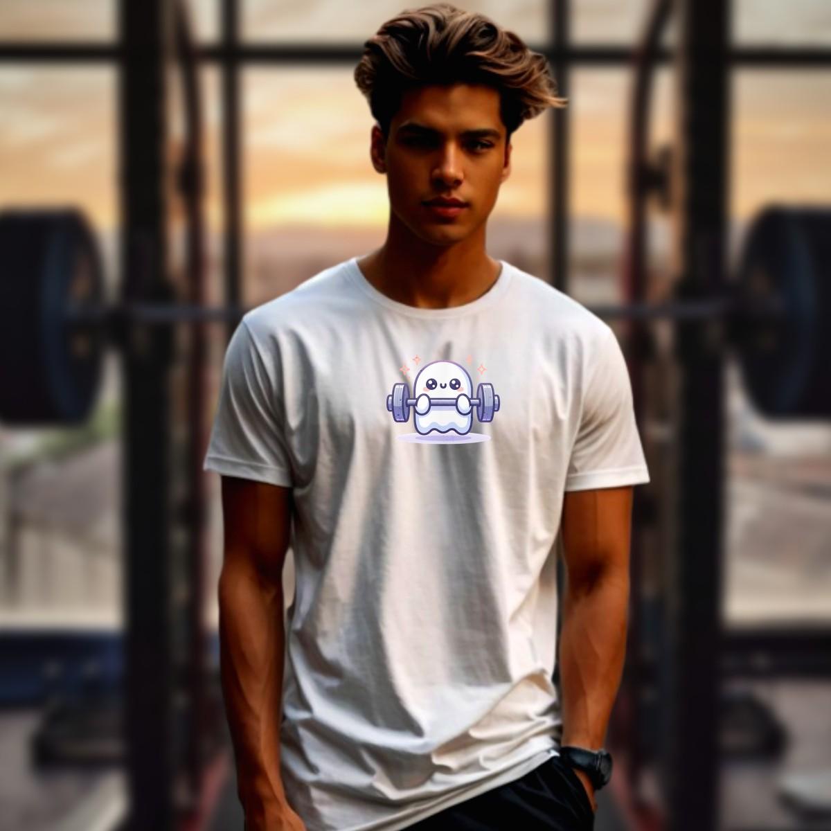 Alt text: "Playful ghost lifting weights on a whimsical Ghost Gym T-Shirt, perfect for gym enthusiasts and casual wear, showcasing unique fitness style."