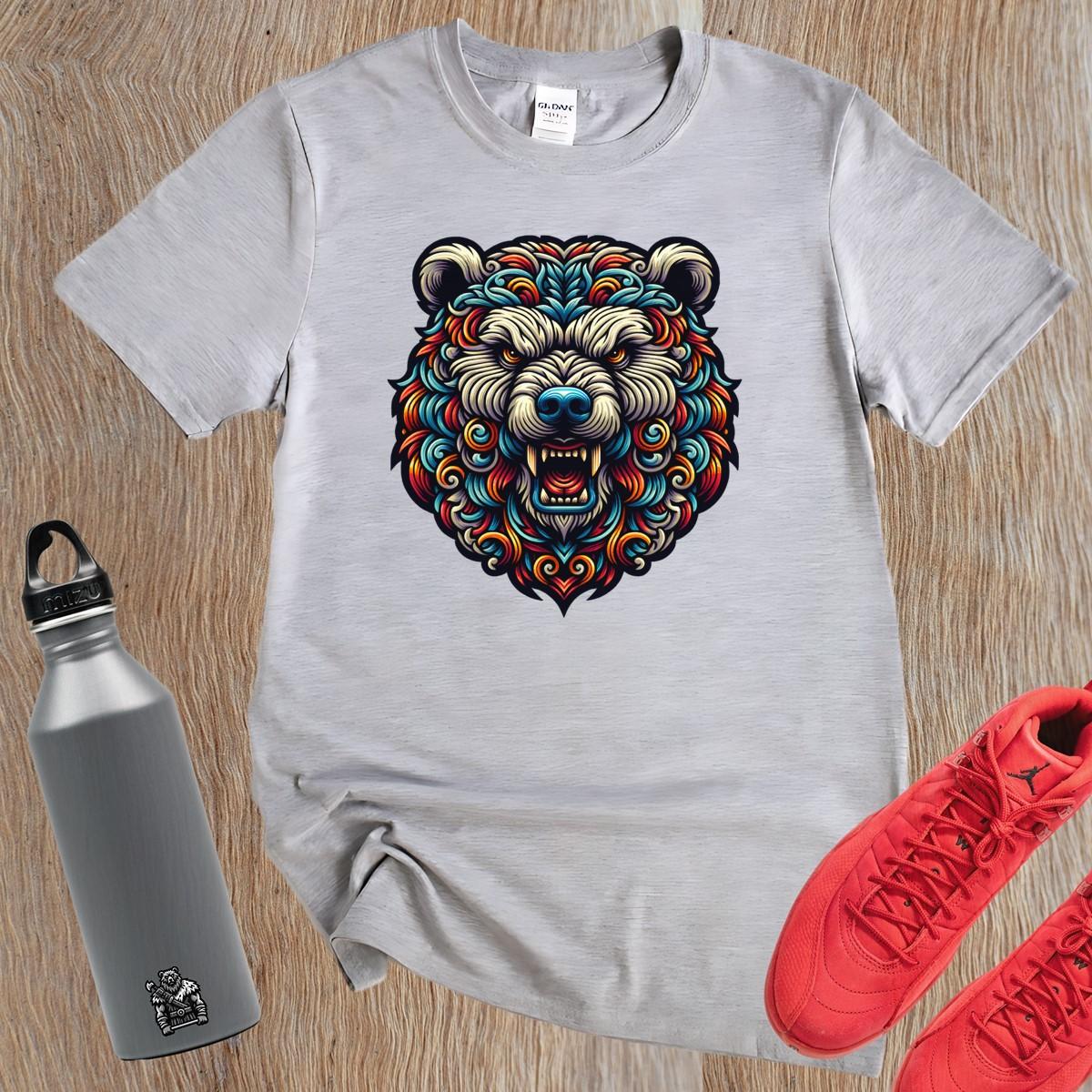 Alt text: "Intricately detailed Bear Emblem graphic on a bold gym T-shirt, symbolizing strength and determination for fitness enthusiasts."