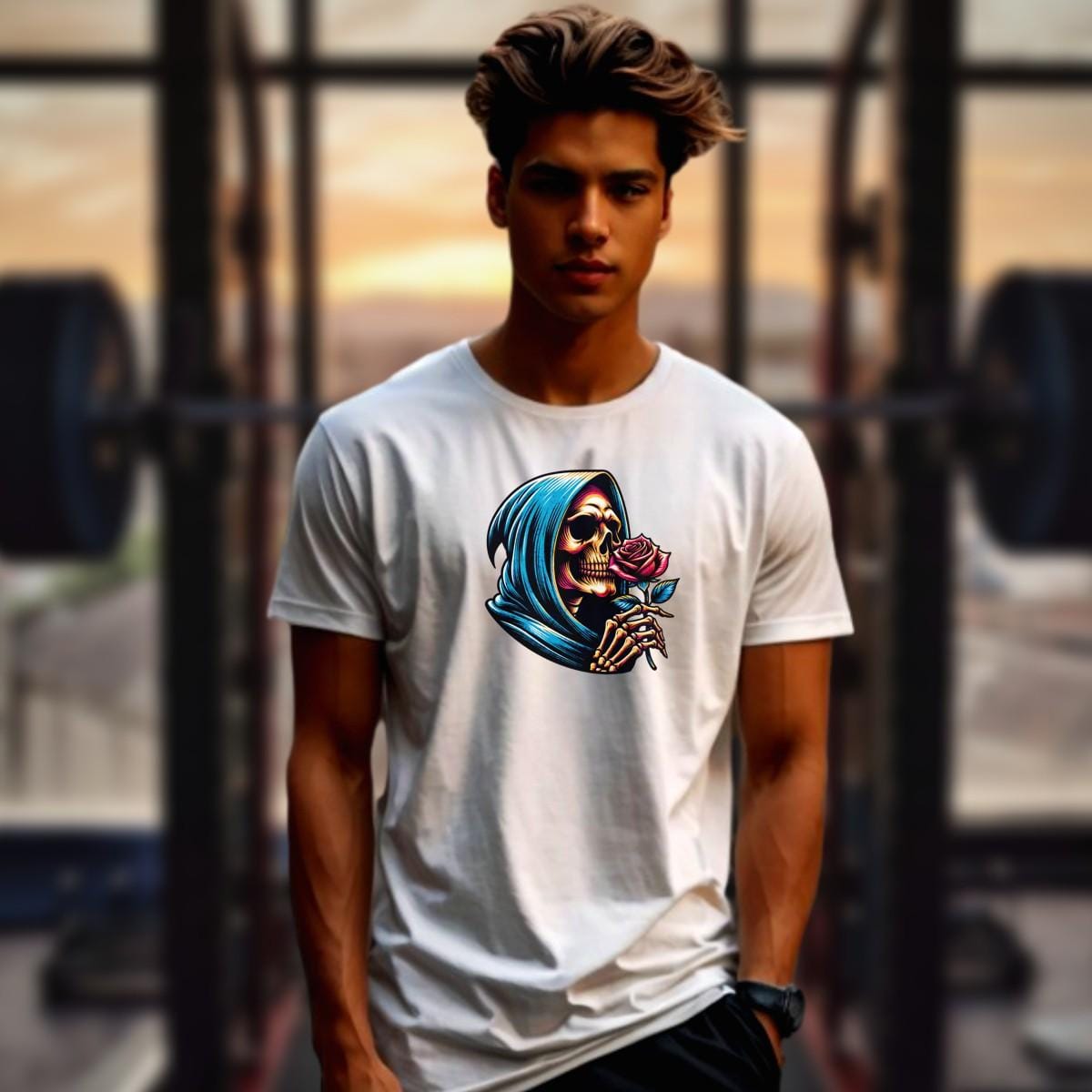 "Edgy gym T-shirt featuring a striking skeleton cradling a rose, combining elegance and strength for bold workout expression."