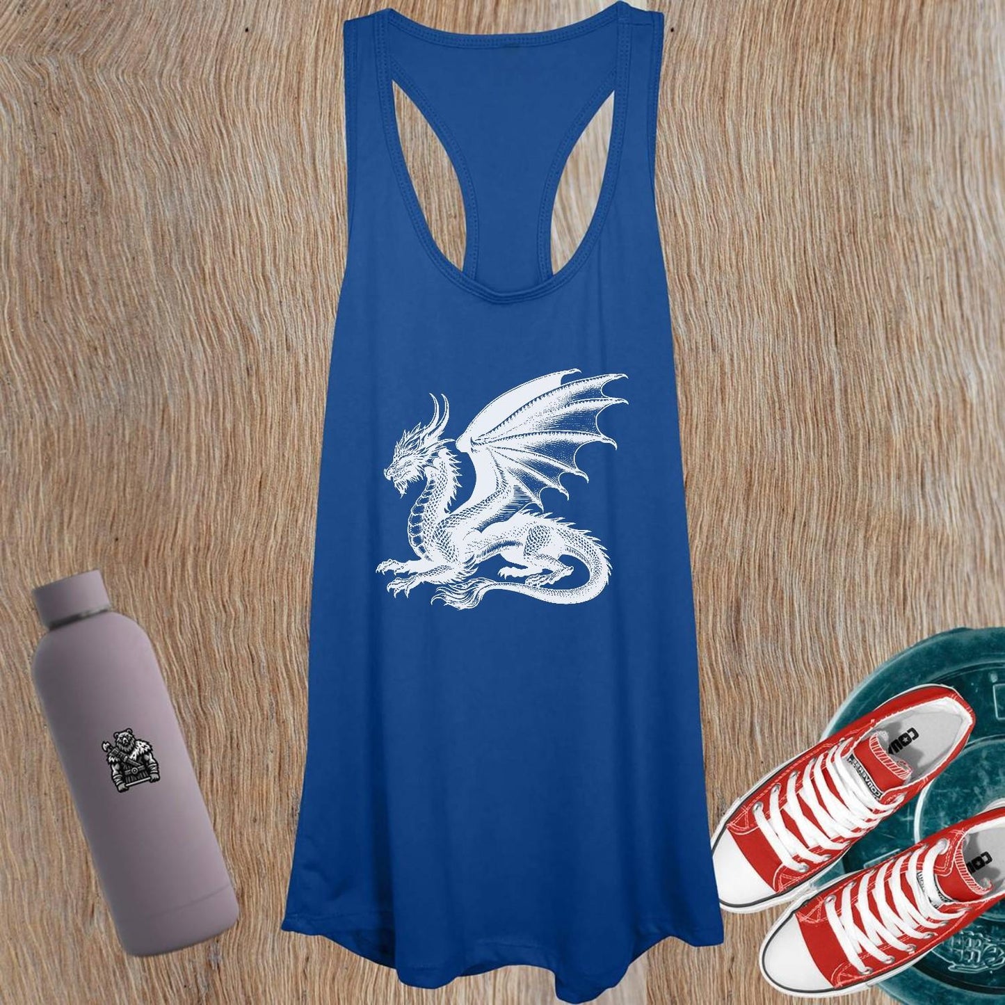 "Women's Dragon Tank Top featuring a fierce dragon design, perfect for gym workouts or casual outings, combined with a flattering fit."
