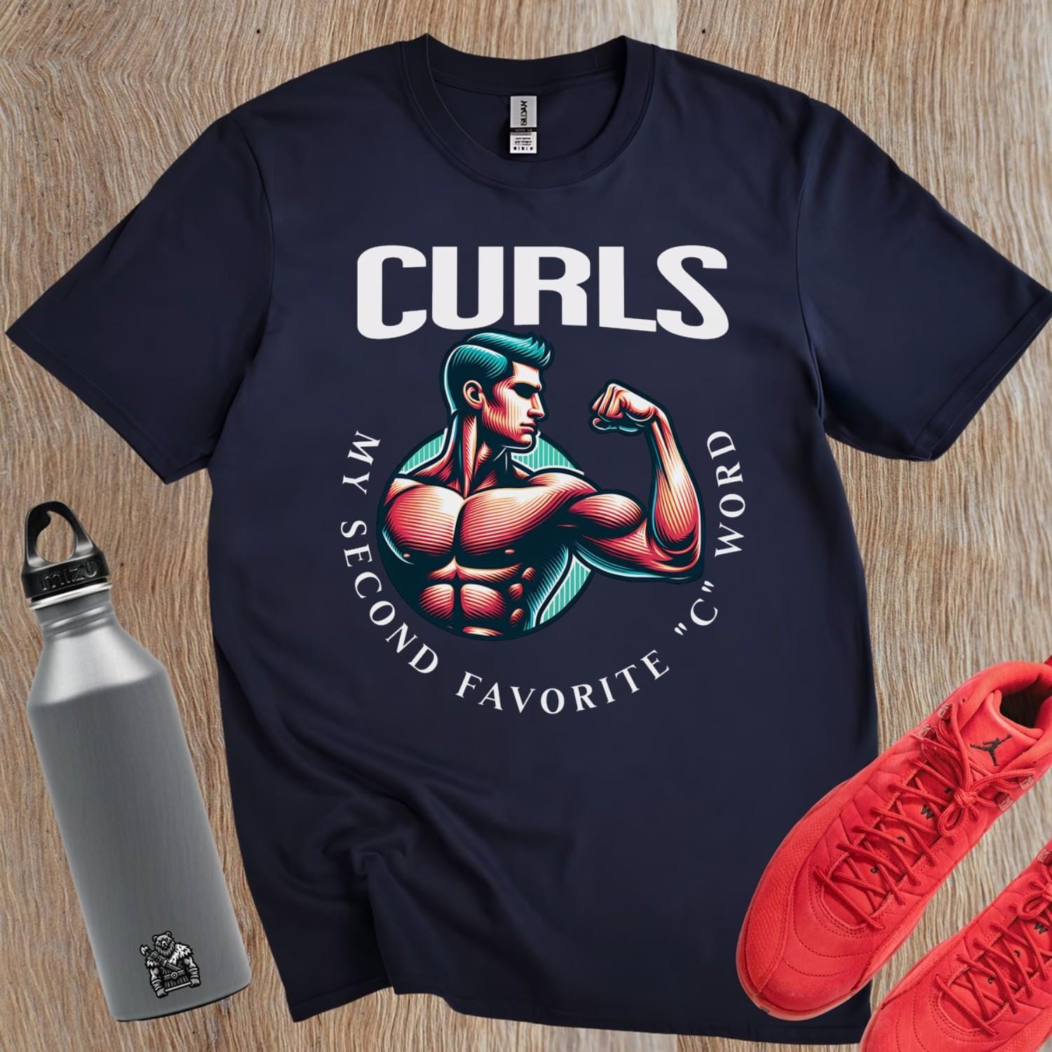 "Bold fitness T-shirt featuring 'CURLS: My Second Favorite C Word' design, ideal for gym enthusiasts showcasing strength and humor."