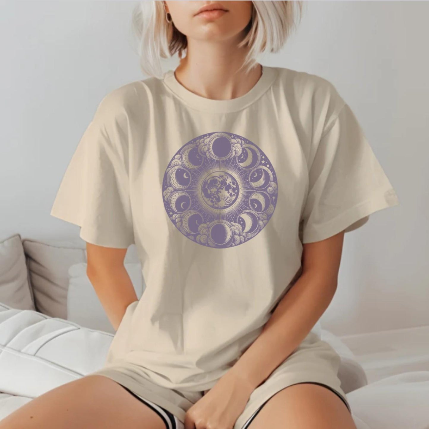 "Stylish Moon Phase T-Shirt for workouts, featuring a celestial design that inspires fitness motivation. Perfect for yoga and running."