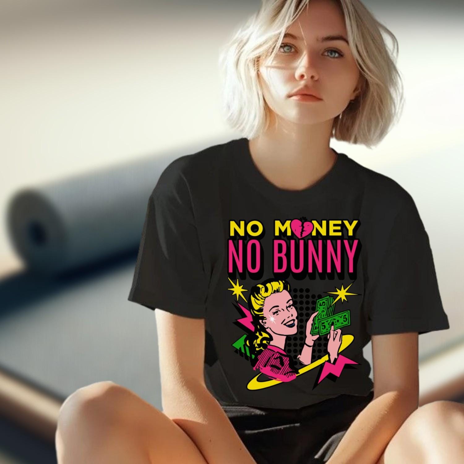 Alt text: "Vibrant gym T-shirt featuring bold 'No Money, No Bunny' design, perfect for workouts and inspiring confidence with unique style."