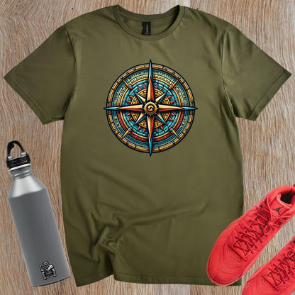 "Vibrant compass-themed gym T-shirt featuring motivational graphic, perfect for fitness enthusiasts seeking adventure and courage."