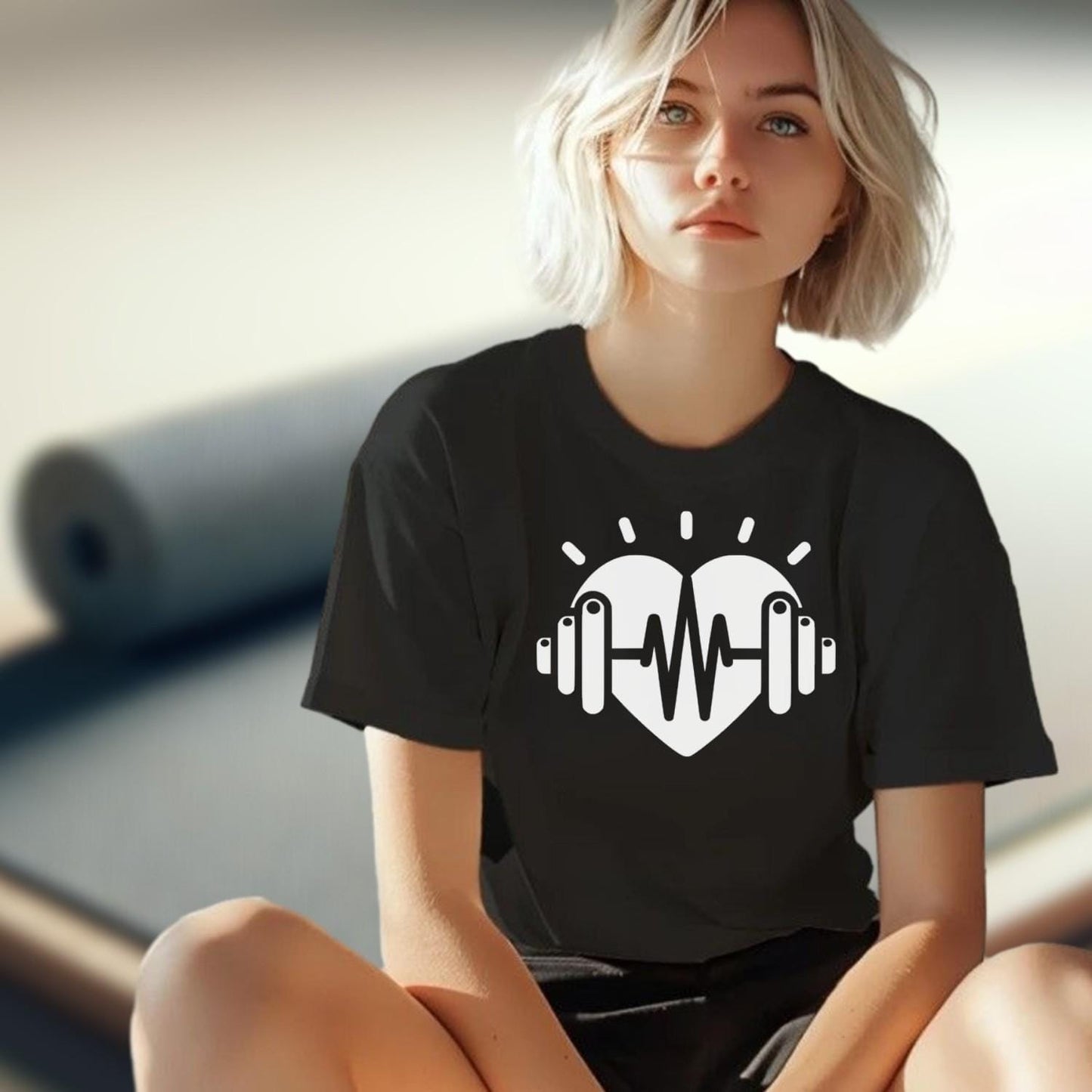 Dynamic gym T-shirt featuring a heart and weights graphic, symbolizing fitness dedication, perfect for workouts and casual wear.
