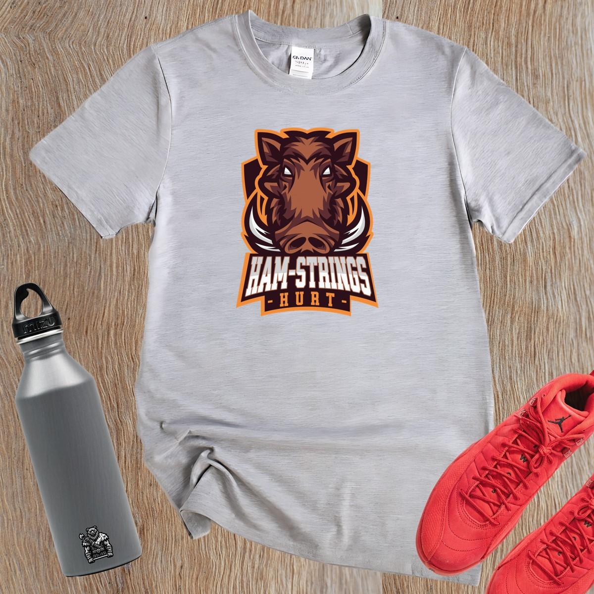 Alt text: "Bold 'Ham-Strings Hurt' gym T-shirt featuring motivating text design for fitness enthusiasts, perfect for intense workout sessions."