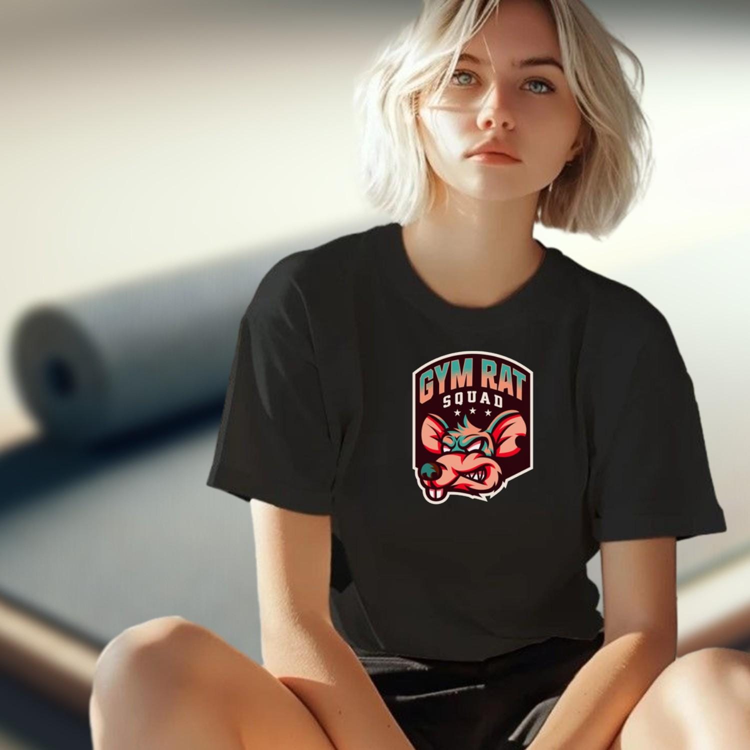 "Bold Gym Rat Squad T-shirt design featuring fierce graphics for fitness enthusiasts, perfect for weightlifting and cardio workouts."