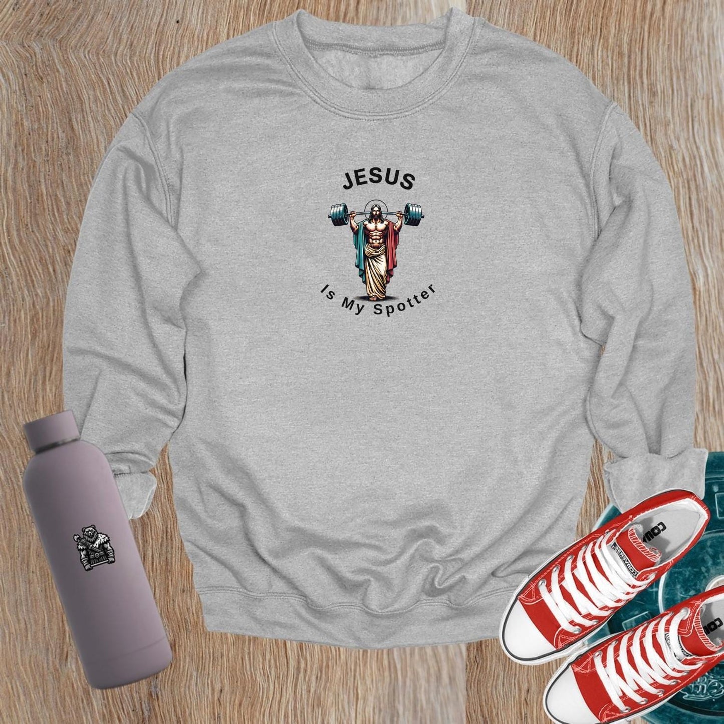 "Bold gym crewneck sweatshirt showcasing a striking design blending strength and style, perfect for workouts or casual wear."
