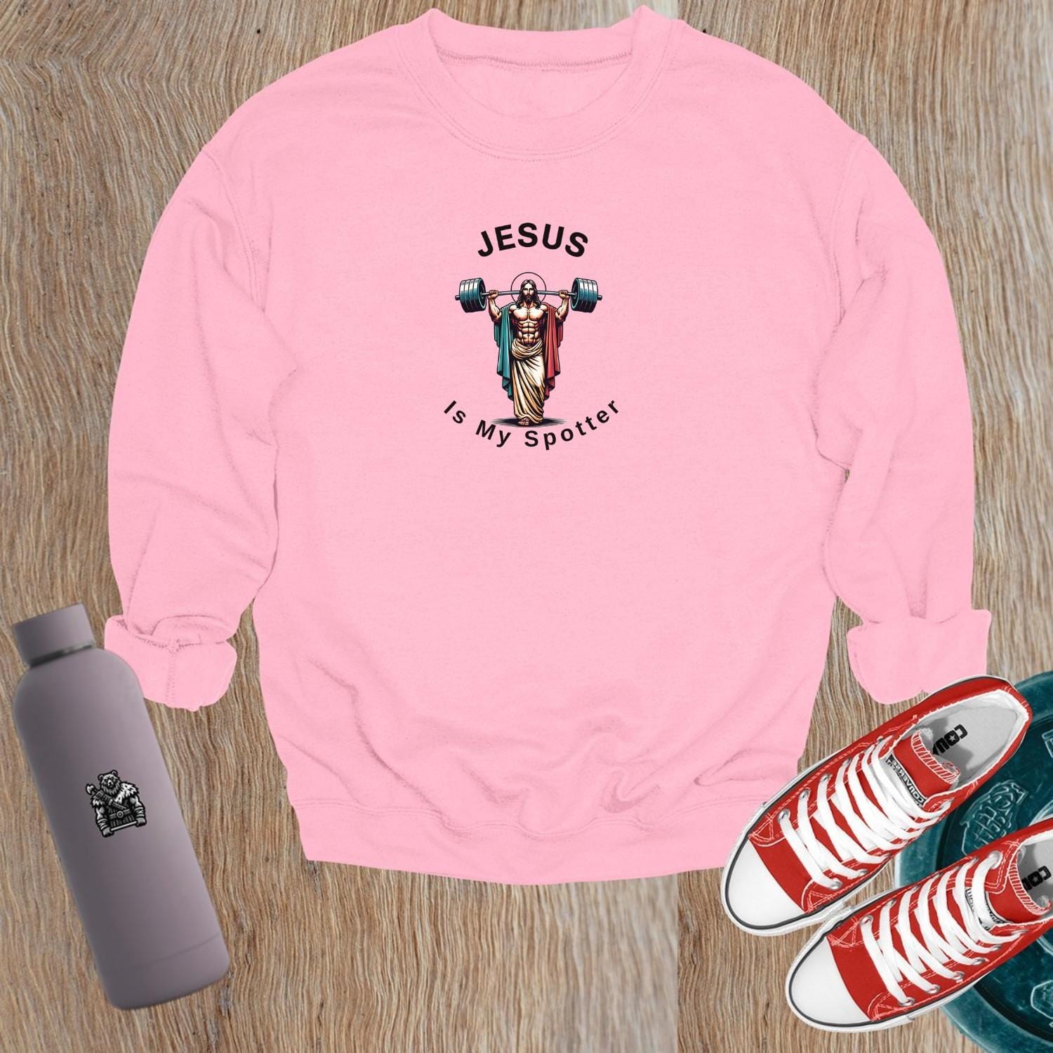 "Bold gym crewneck sweatshirt showcasing a striking design blending strength and style, perfect for workouts or casual wear."