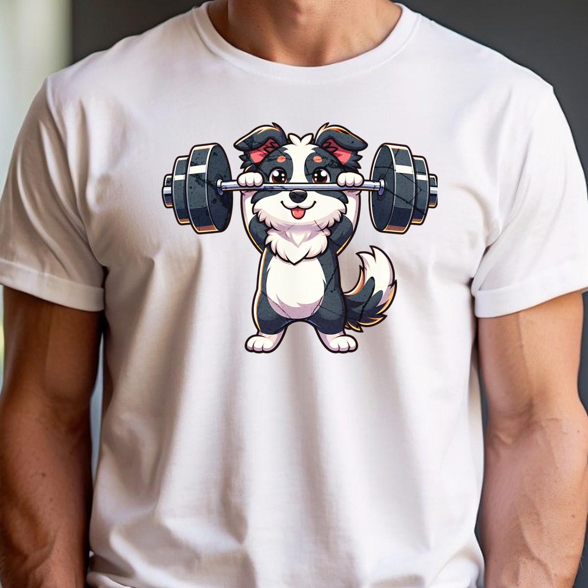 "Playful gym T-shirt featuring a cute lifting puppy graphic, ideal for fitness enthusiasts. Fun design for workouts and casual wear."