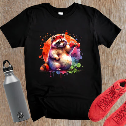 "Whimsical raccoon lifting weights on a vibrant gym T-shirt, perfect for fitness lovers and animal enthusiasts. Stylish workout attire."