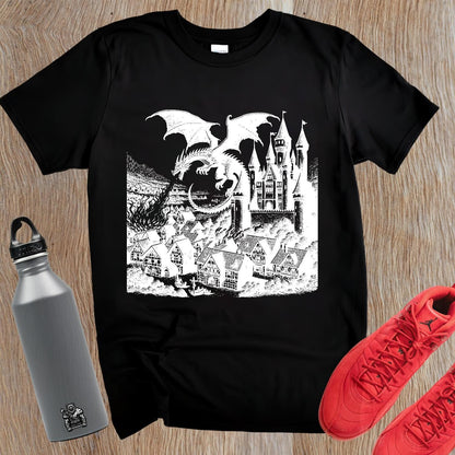 "Fierce dragon soaring over a mystical castle on a bold gym T-shirt, inspiring strength and confidence for workouts and casual outings."
