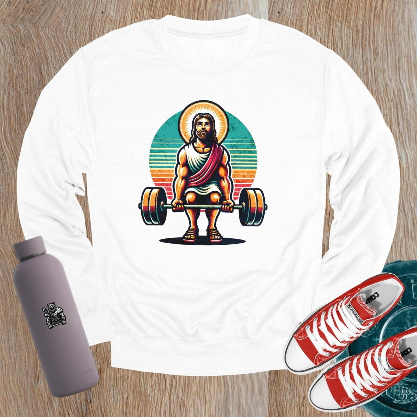 "Graphic gym sweatshirt featuring a bold design symbolizing strength and motivation, perfect for workouts and casual wear."