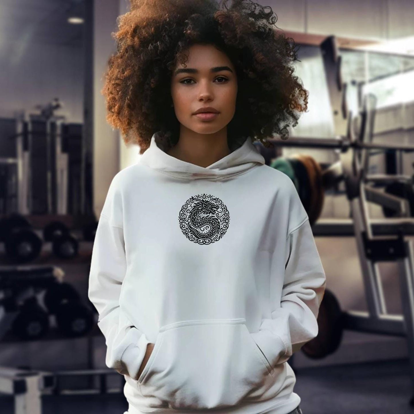 "Dynamic gym hoodie with bold motivational graphics, perfect for fitness enthusiasts. Versatile style suited for workouts and daily errands."