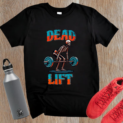 "Black 'Dead Lift' T-shirt featuring a bold skeleton graphic, ideal for fitness enthusiasts, showcasing passion for weightlifting."