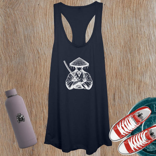 "Women's gym tank top showcasing a bold warrior graphic, symbolizing strength and determination, perfect for workouts or casual wear."