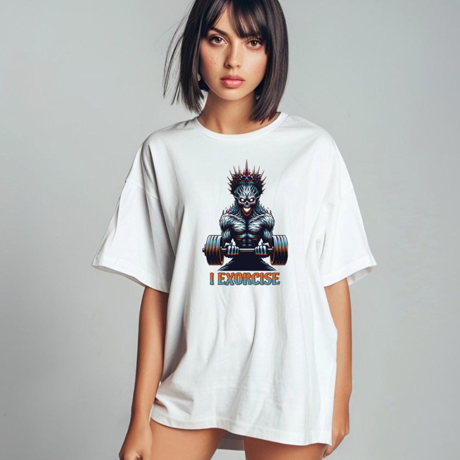 Alt text: "Fierce 'I Exorcise' gym T-shirt featuring bold graphic design, motivational text, perfect for weightlifting, cardio, and fitness enthusiasts."