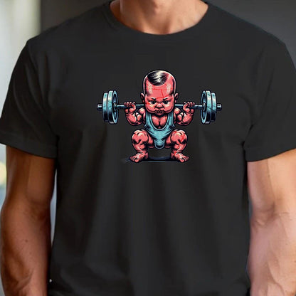 "Fun gym T-shirt featuring a charming baby lifting weights, combining humor and strength for fitness enthusiasts. Perfect for workouts!"