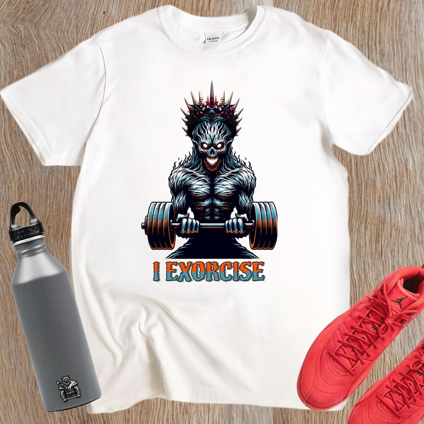 Alt text: "Fierce 'I Exorcise' gym T-shirt featuring bold graphic design, motivational text, perfect for weightlifting, cardio, and fitness enthusiasts."