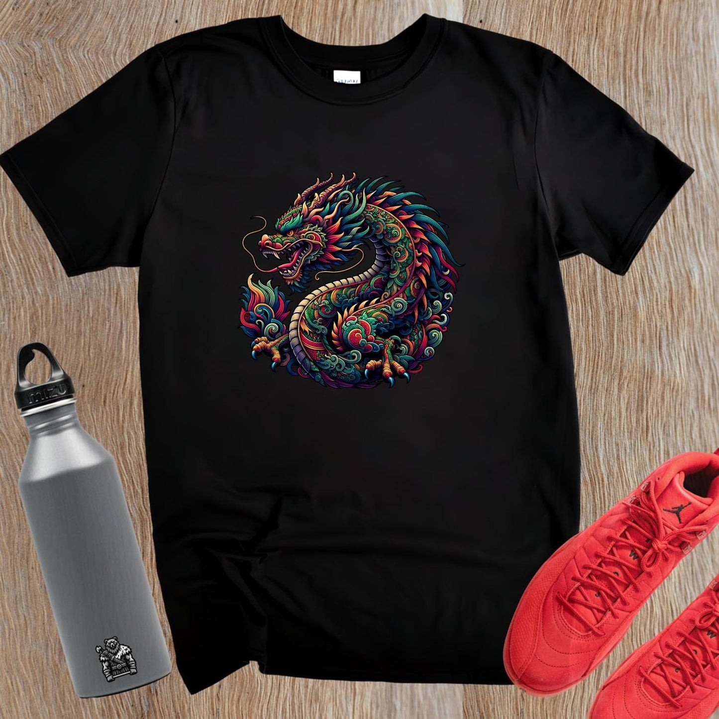 Alt text: "Fierce dragon graphic T-shirt for gym enthusiasts, featuring vibrant colors and intricate details, perfect for workouts and lifting."