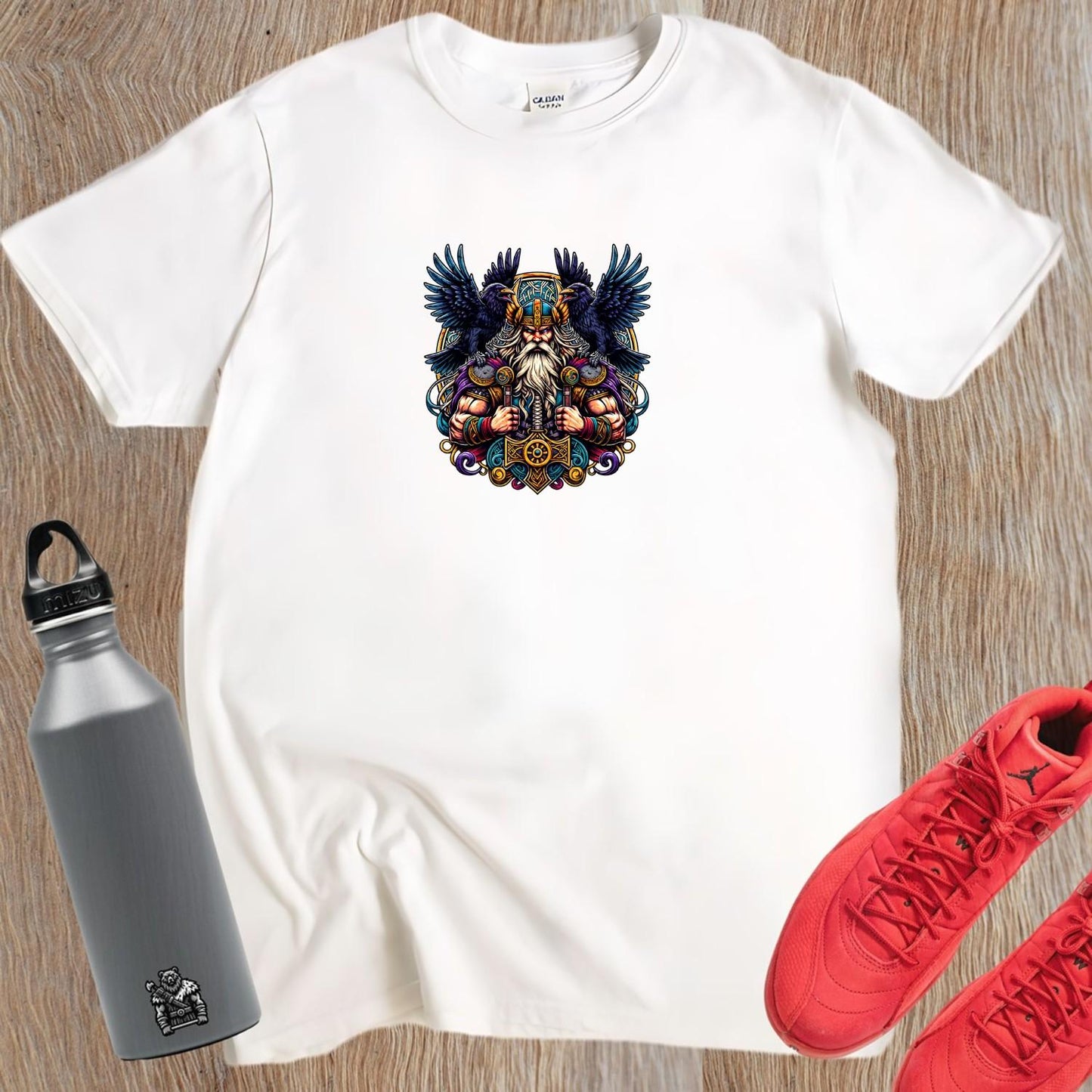 "Viking-inspired gym T-shirt featuring bold graphics that inspire strength and motivation, perfect for fitness enthusiasts."